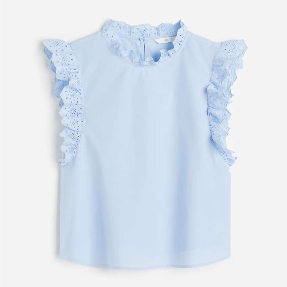 H&M Light Blue Eyelet Ruffle Sleeve Blouse Top NWT L